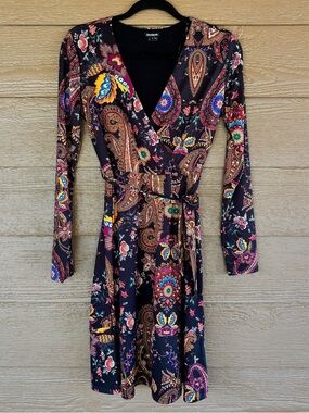 Desigual Black Multicolor Paisley Long Sleeved Wrap Dress with Tie Belt -Sz S